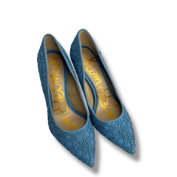 Sam Edelman Hazel Heels Size 5.5 Royal Sky Blue Lace Pointy Toe Stiletto Pumps - Picture 3 of 12